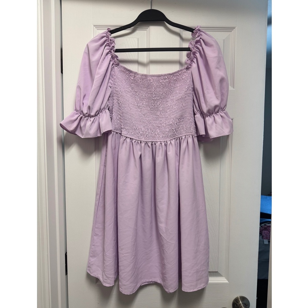 Lavender Puff Sleeve Smocked Mini Dress Ruffle Square Neck Cottagecore Purple